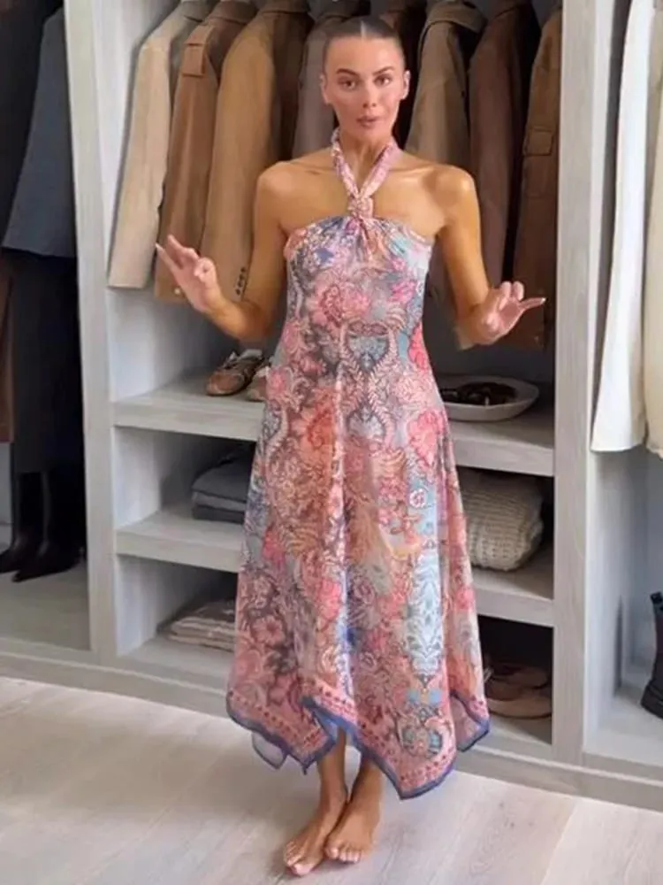 Floral Print Asymmetrical Hem Maxi Dress Women Halter Neck Sleeveless A-line Mesh Dresses 2026 Summer Chic Vacation Party Gown