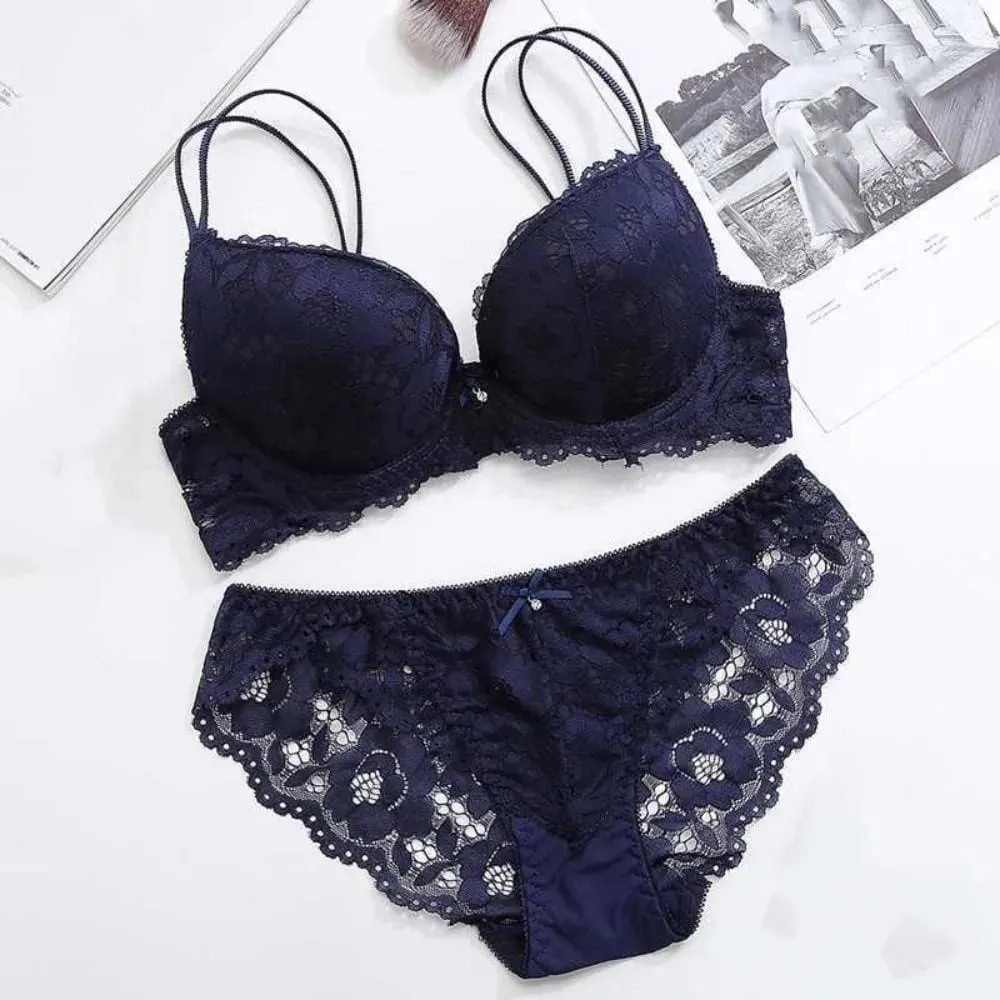 Fashion Mesh Lace Flower Bra Low Waist Non Slip Push Up Bra Women Lingerie Bowknot Seamless Underwear Set Summer