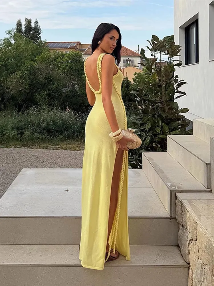 Halter Neck Knitted Women's Dress Braided Trim Cutout High Slit Solid Party Evening Maxi Dress For Women 2026 New Fashion