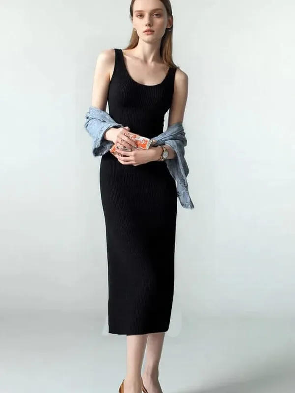 V Neck Sleeveless Elegant Knitted Slip Dress for Women Fashion Sexy Bodycon Casual Long Dresses Autumn Spring Bottoming Clothes