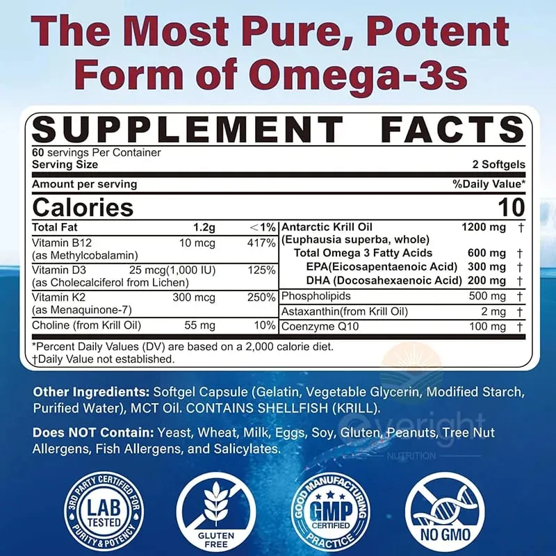 Antarctic Krill Oil 1200 mg with Omega-3 Supplement EPA & DHA Astaxanthin & Phospholipids for Heart Joint Brain Antioxidant