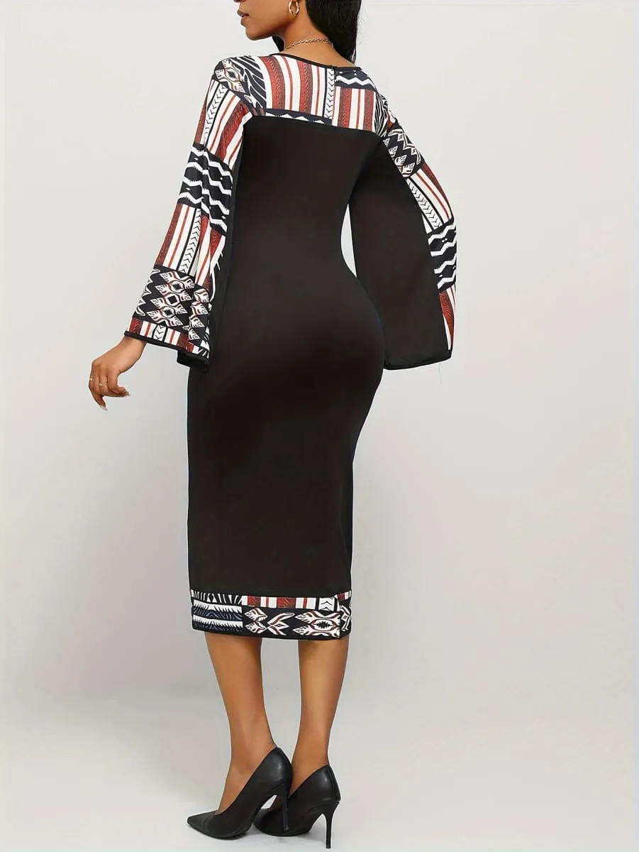 Women's Geometric Pattern Dress Bohemian Bell Sleeve Long Sleeve Asymmetrical Slit Maxi Dress