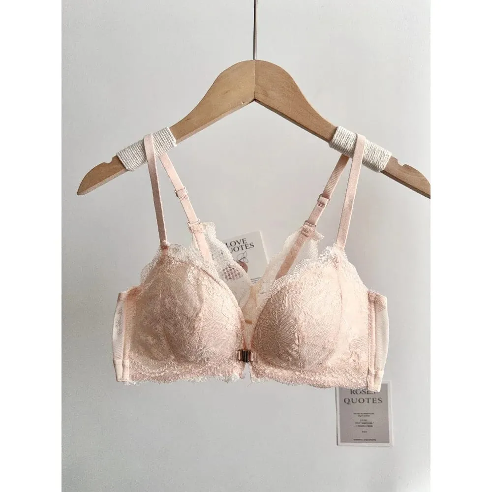Women Small Bust Lace Bra Set Front Closure Wireless Beautiful Back Push‑Up Brassiere Soft Daily Lingerie Underwear Size 32‑38AB