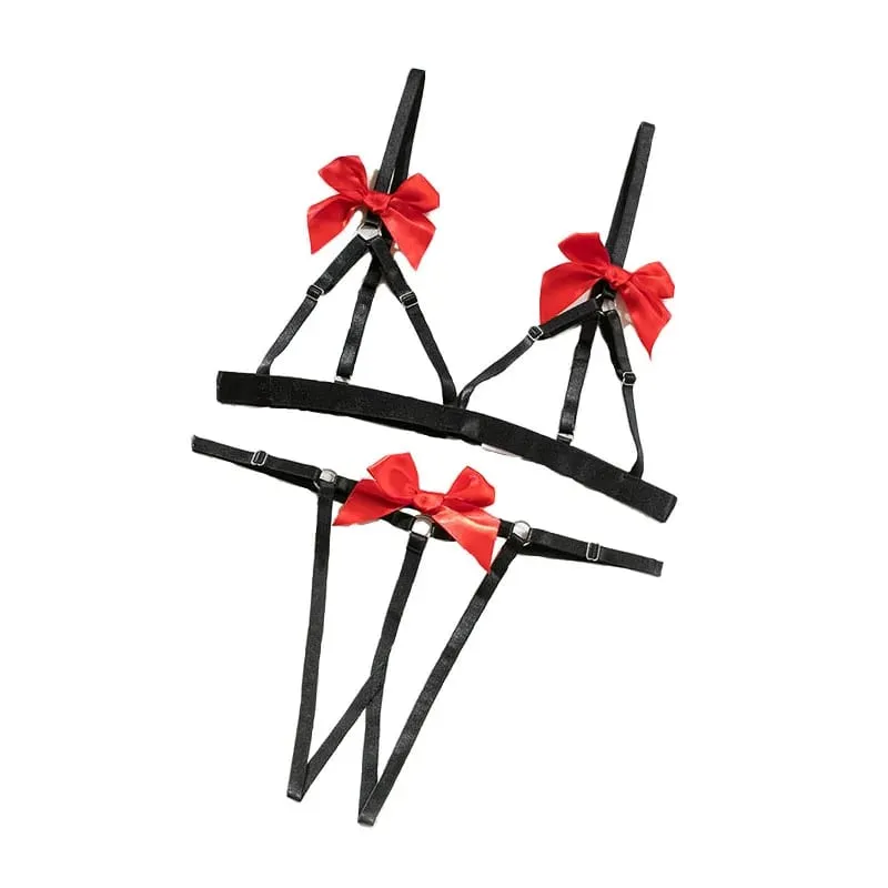 Exotic Bowknot Lingerie for Women Porn Lace Sheer Intimate Sexy Bandage Underwear Naked Patchwork Bra and Thong 2Piece Costume
