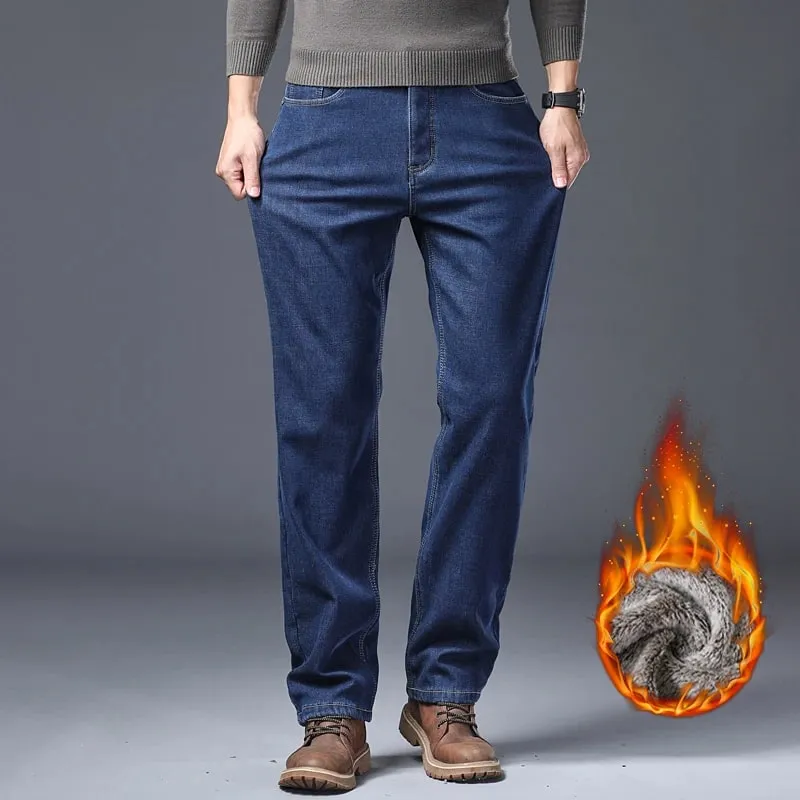 Pantalones vaqueros gruesos con forro polar para hombre, pantalones vaqueros ajustados elásticos cálidos de invierno, pantalones cómodos y suaves para ropa de trabajo diaria
