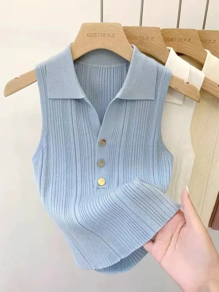 Zjaiss 2026 Spring Summer Slim Versatile Camisole Women's Polo Lapel Tank Tops Vest Ice Silk Knit Sleeveless Tops