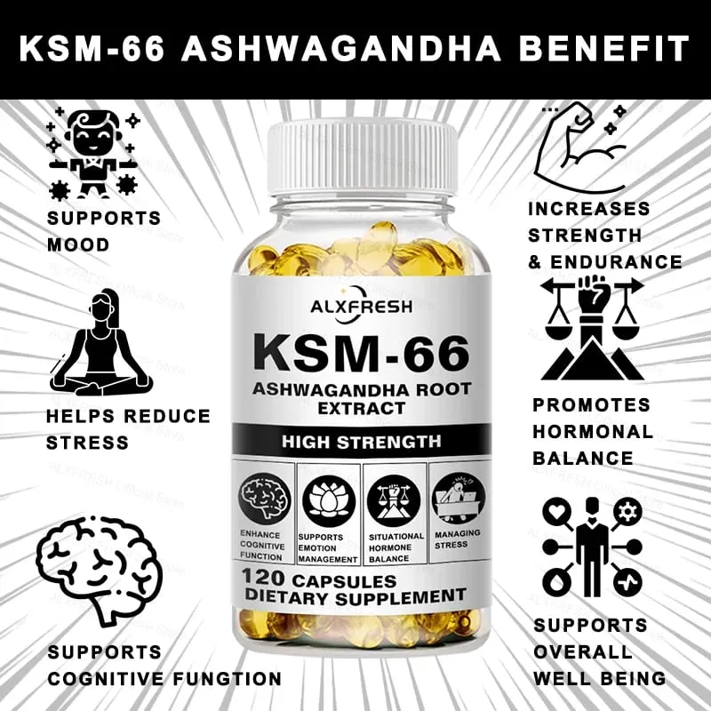 Natuurlijke organische Ashwagandha KSM-66 supplementencapsules voor stressverlichting Focus Hersenenergie Ondersteuning Slaapgezondheidssupplement