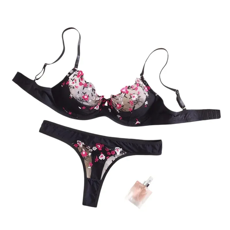 Sexy Womens Underwear Exotic Emotional Bra Set Embroidered Print Brassiere Lingerie Set Women's Push Up Thin Bralette suit