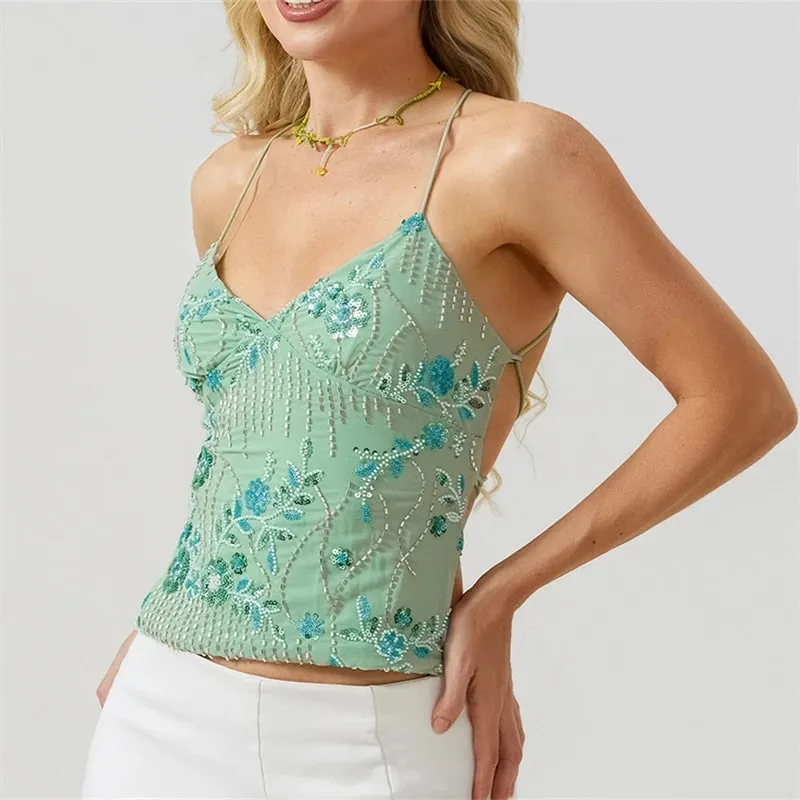 Zomer Vrouwen Y2k Sequin Halter Crop Tops Parel Verfraaid Cami Tops Zomer Glitter V-hals Strass Hemdje Tank Shirt