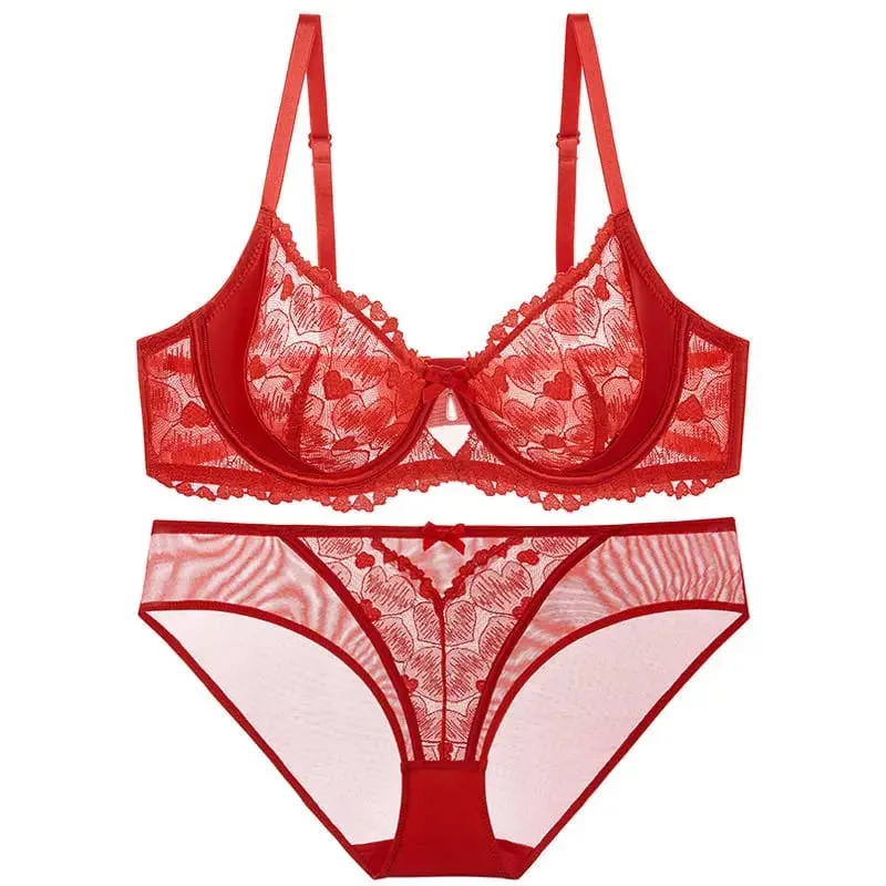 Red Party Lingerie Set for Women Ultra-Thin Minimizer Bra Large Bust D-Cup Look Smaller Plus Size Curvy Sexy Lace Underwear XXXL