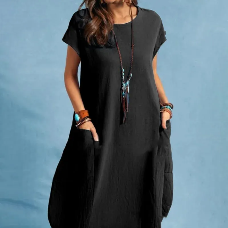 Summer Casual Cotton Dress for Woman O-Neck Short Cap Sleeve Loose Cotton Knee-Length Dress Vacation Day Wear Robes Femme