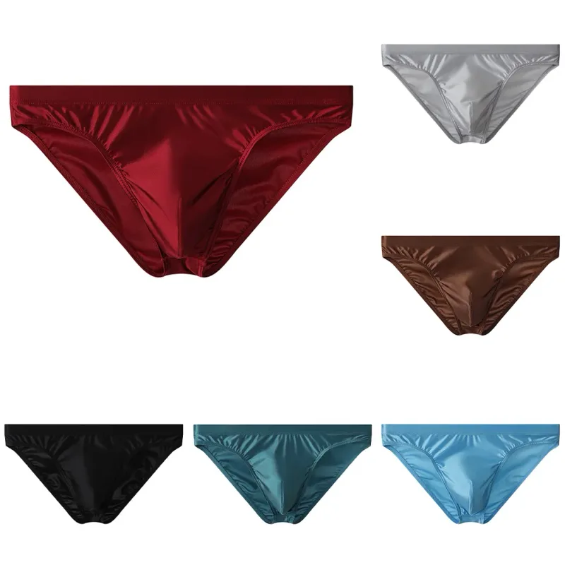 Slip bikini da uomo in raso marrone di lusso Cintura alta elastica Mutande lisce e lucide con custodia sagomata 3D Intimo traspirante