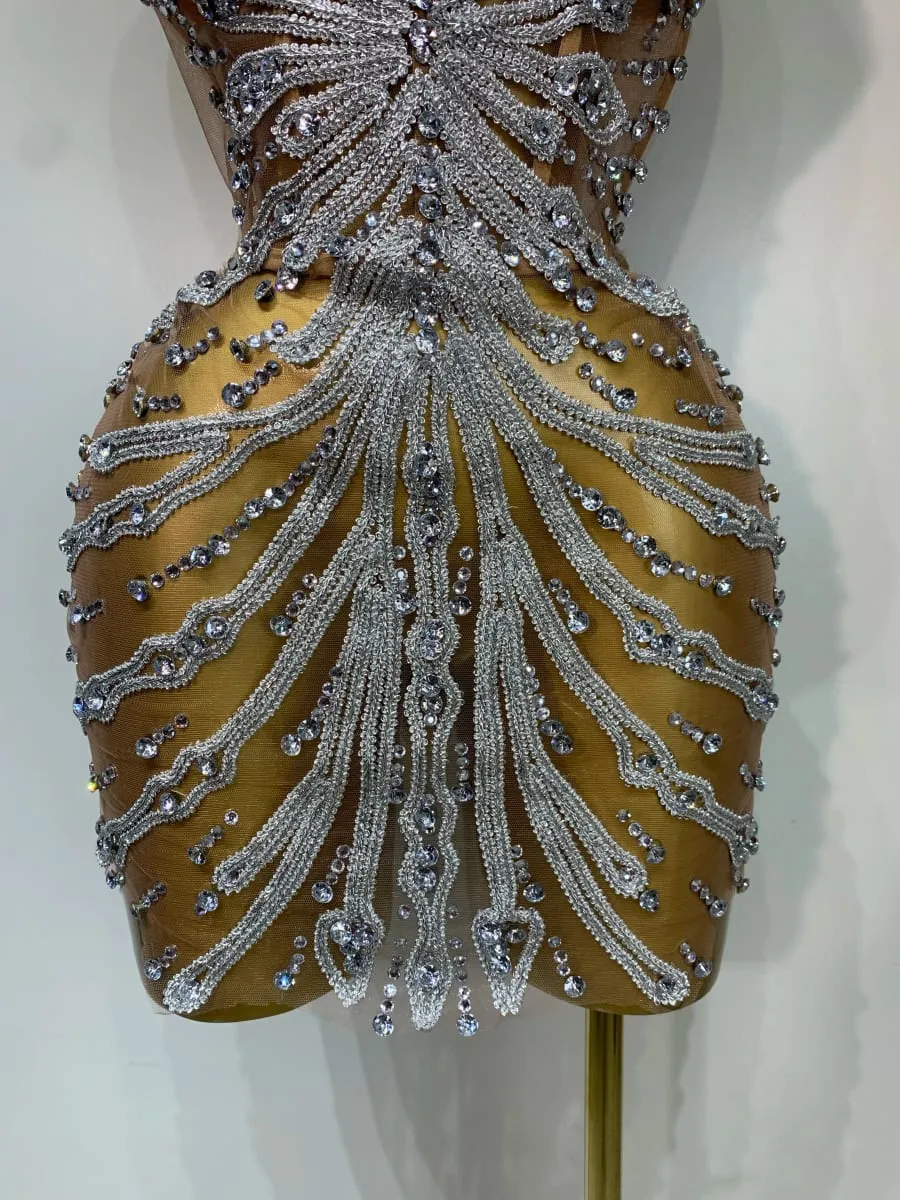 Women Sexy Strapless Rhinestones Mini Dress Performance Costume See Through Stage Dancer Club Evening Party Birthday Dress