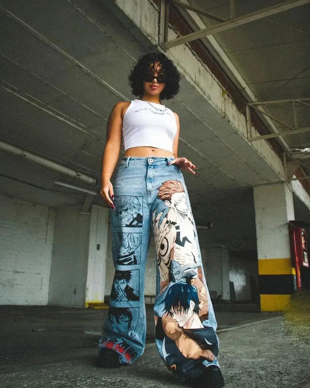 Harajuku anime characters printing jean new wide leg denim pants y2k mens jeans streetwear style couples trouser black jeans