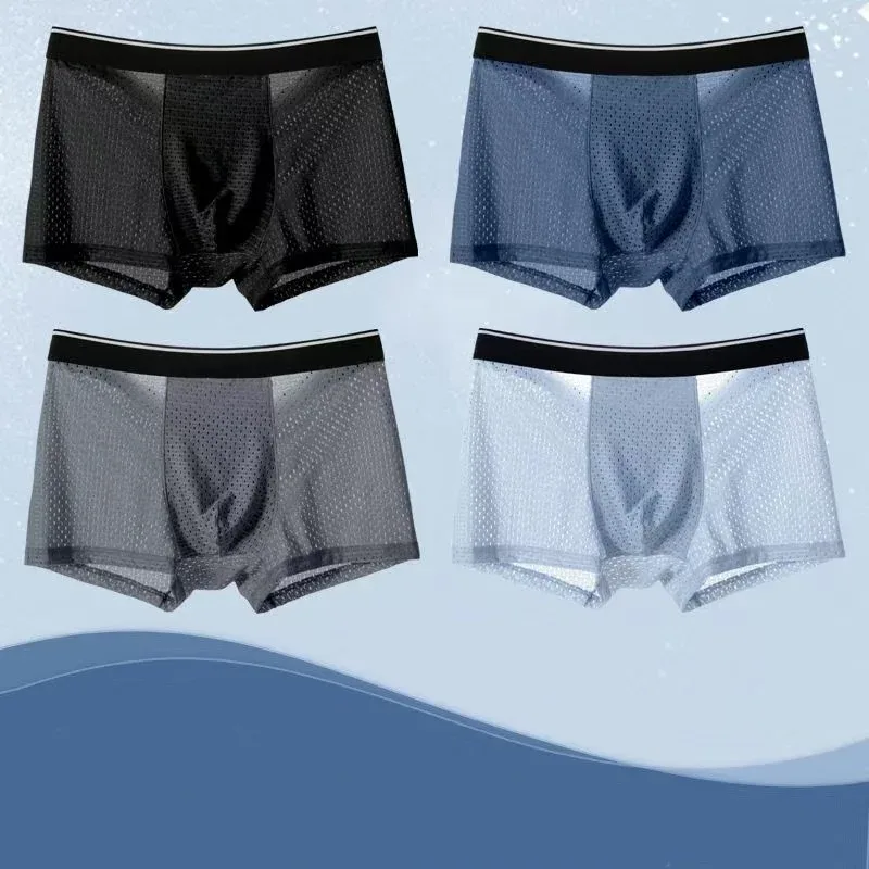 4 Buah/Lot Pakaian Dalam Sutra Es Pria Celana Pendek Ukuran Plus Celana Boxer Jaring Pakaian Dalam Sejuk Antibakteri Pakaian Dalam Cepat Kering Pria