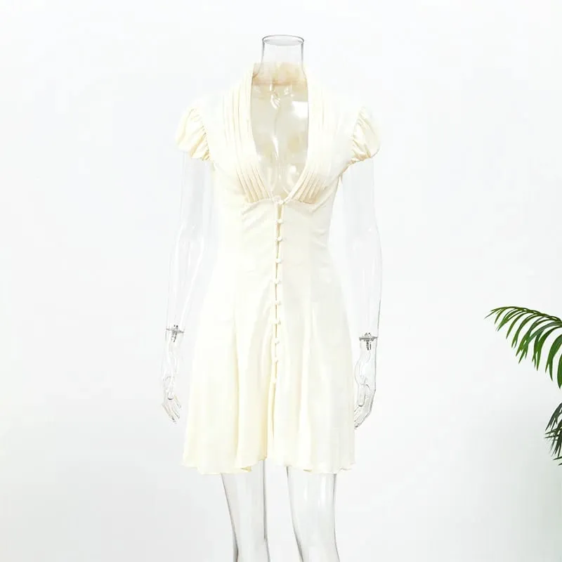 White Polka Dot Slim Women Summer Dress Solid Deep V-neck Puff Sleeves Pleated Front Button Short Dresses 2026 Lady Daily Wear