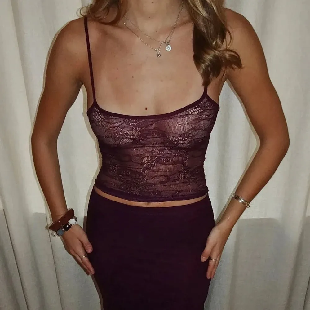 Women Fairycore Grunge Lace Tanks Tops Spaghetti Strap See Through Camisole Backless Slim Fit Crop Camis Sexy Going Out Tops