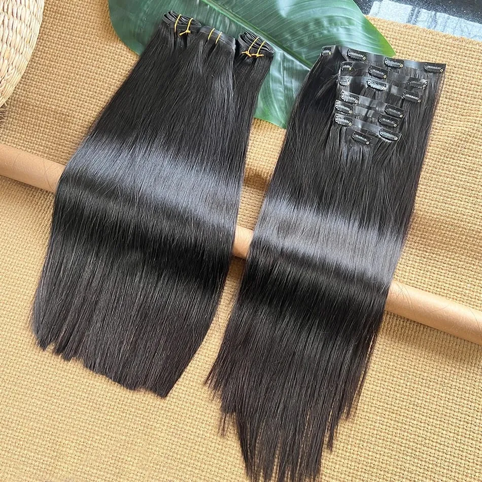 Double Drawn Straight PU Clip Ins Hair Extensions 100% Human Hair Natural Black Color 100g/Set 7pcs Invisible PU Weft Clips Hair