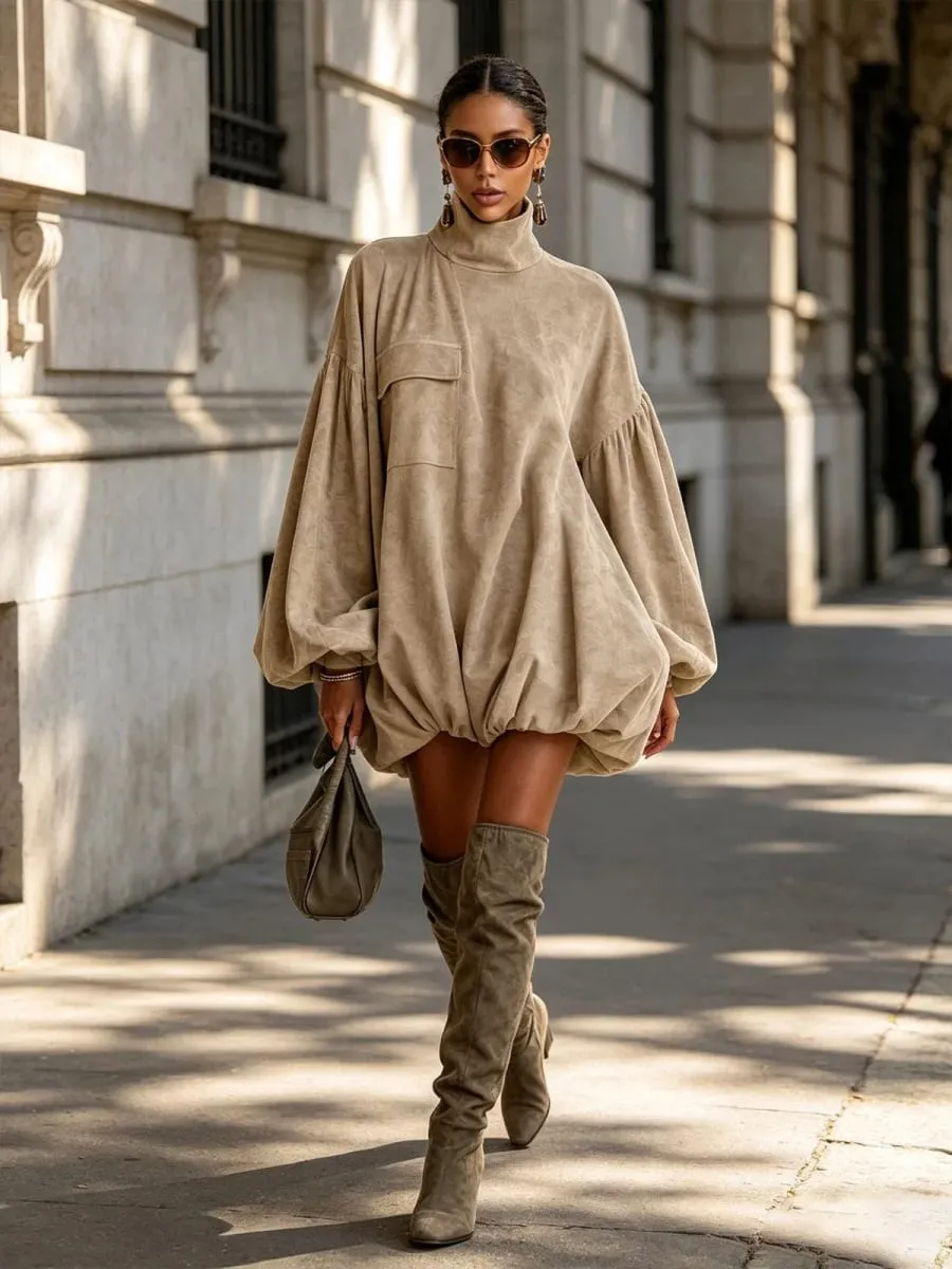 Autumn Winter Turtleneck Mini Dress Women Elegant Lantern Long Sleeve Loose Straight Short Dress Casual Streetwear Dresses
