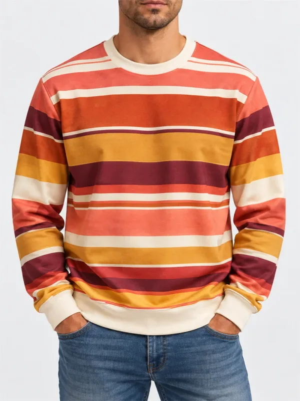 Vintage stribet sweatshirt med rund hals til mænd Casual langærmet trøje Farveblok Efterår Streetwear Hverdagsmode Klassisk top