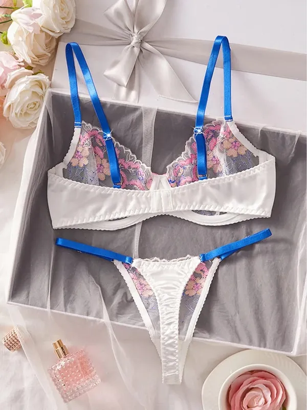 Women's Lingerie Sweet Floral Embroidered Lingerie Set Underwire Push Up Bra Panties Sets Elegant Mesh Underwear Soft Intimate