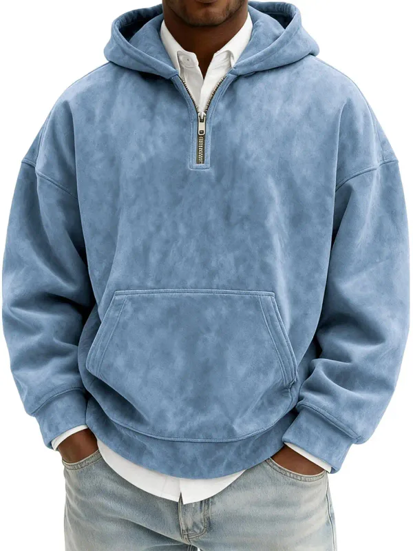 American New Fashion Men's Solid Color Half Zipper Long Sleeve Casual Trendy Daily Hooded Sweatshirts Male Hoodies Clothes Tops