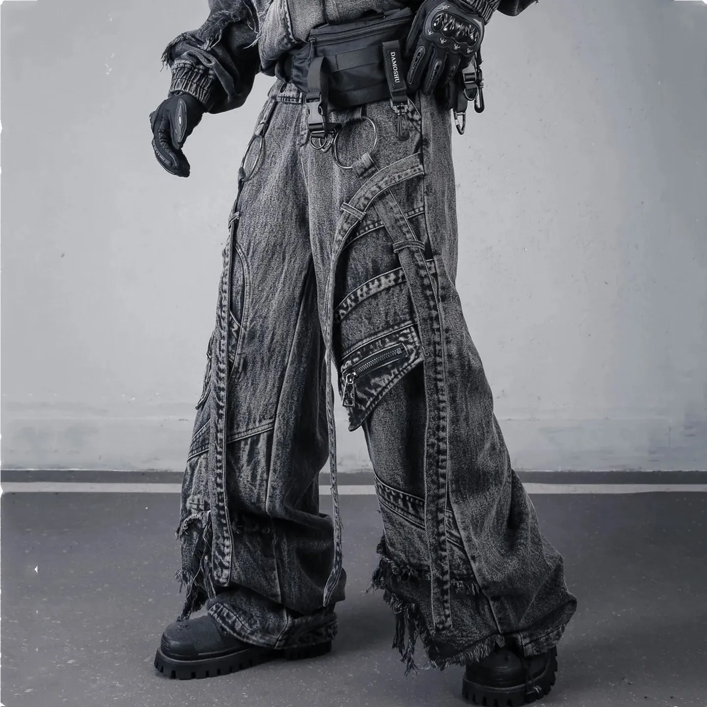 Deconstructed Straps Washed Vintage Cargo Jeans Man Woman Techwear Wasteland Style Wide Leg Tactical Baggy Pants Street Wear