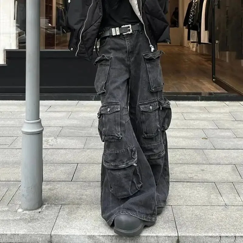 American Style Men Denim Pants Solid Color Multi-pocket Cargo Trousers Straight Wide Leg Loose Male Jeans Menswear 24K3020