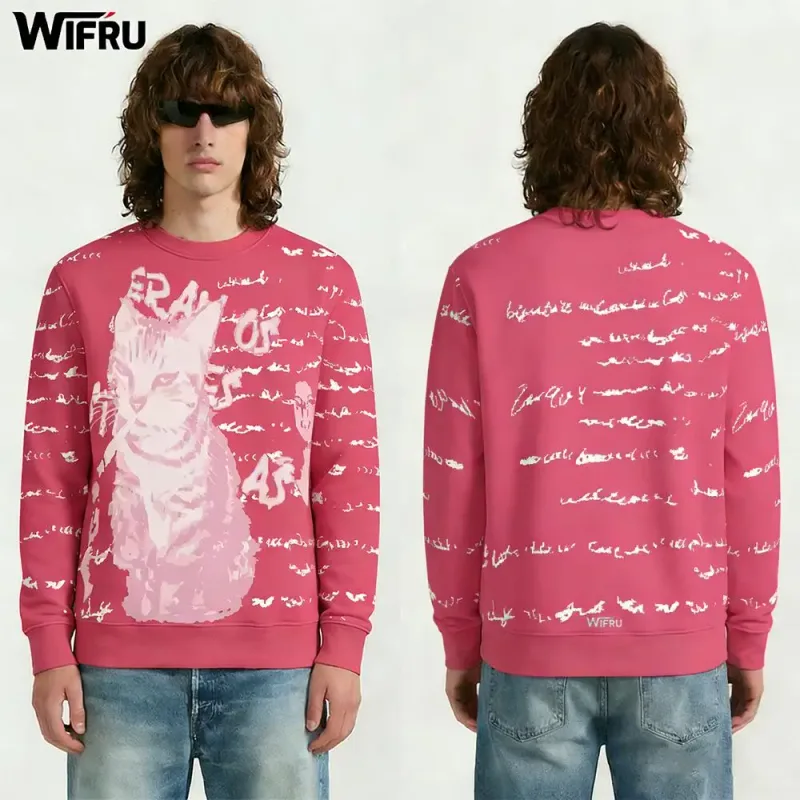 Vintage Cat Portrait English Letter Graphic Pullover WIFRU Harajuku Aesthetic Long Sleeve Crewneck Top Unisex Casual Streetwear — image 2