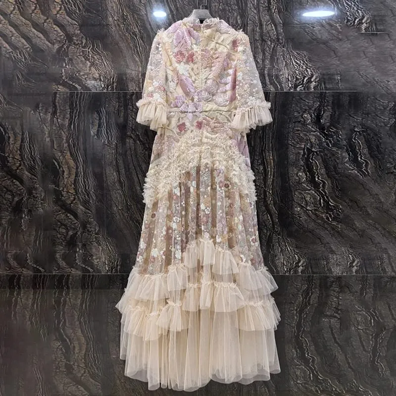 Mode Rosa Broderade Paljetter Klänning Damer Rund Hals Volanger Halva ärmar Ankellånga Klänningar Ny 3A132