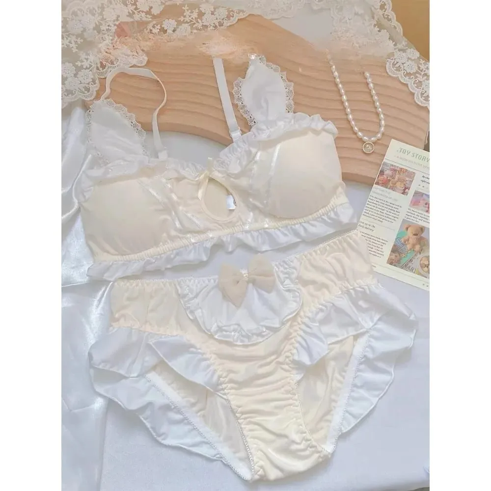 Japanese soft girl cute girl rabbit ears underwear small chest flat chest thin without steel ring triangle cup bra set 32-38AB