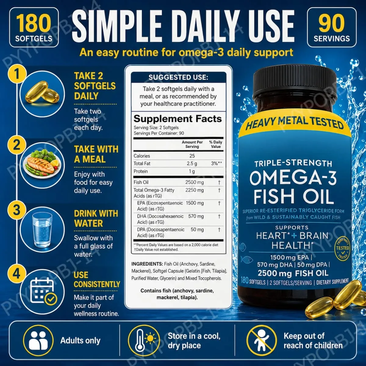 Omega-3 Fish Oil Softgels 2500mg EPA DHA DPA RTG Form 180 Count Non-GMO Gluten Free Daily Wellness Supplement for Adults