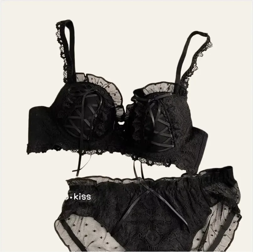 Princess Lolita Bra Set Pure Lust Lace Sexy Gathering Anti-Sagging Sweet Court Style Comfortable Underwired Girl Bra Set