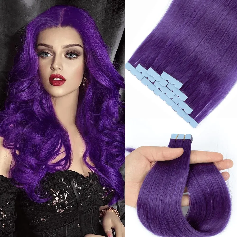 Levandulová fialová mini páska na prodloužení lidských vlasů 12-24 palců mikro páska na vlasy Bezešvé lepicí vlásky pro cosplay