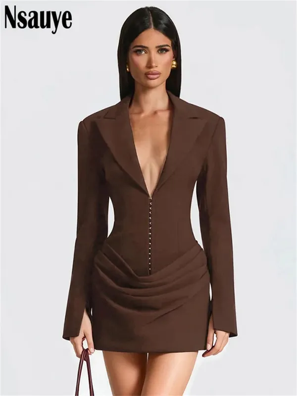 Nsauye Elegant Evening Short Dress Women Fall Long Sleeve Sexy Fashion Night Club Party White Mini Wrap Corset Dress 2025 Winter