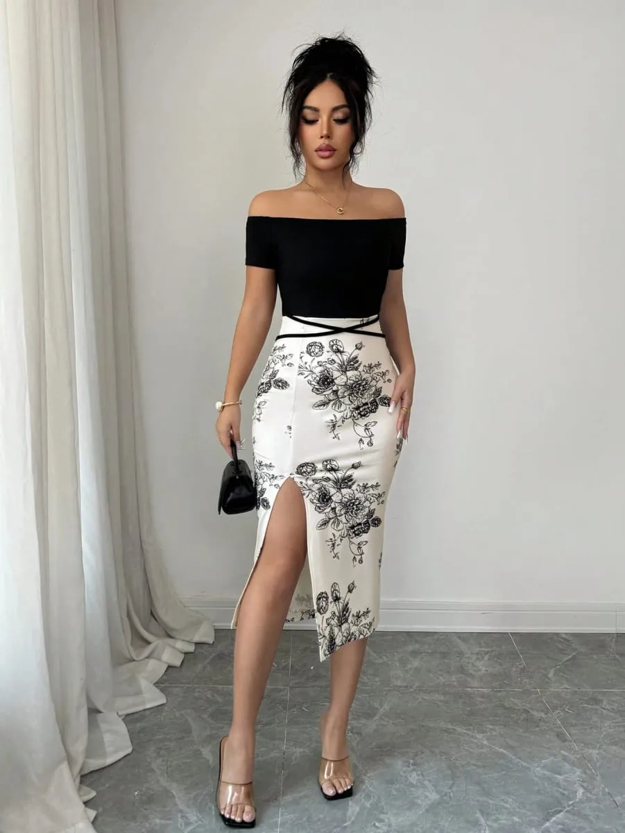 Ladies Spring Summer Shoulder Bared Black Top Spliced Water-Mark Print Split Sexy Elegant Dress Body-Con Silhouette