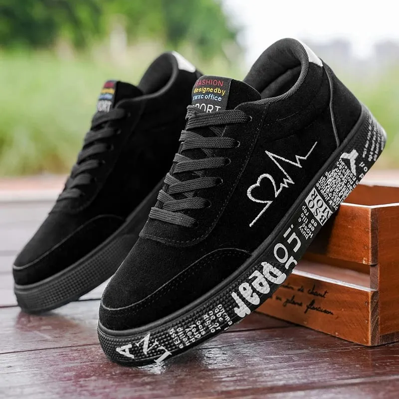 Men'S Black Suede Casual Sneakers With Red Heartbeat Embroidery Low Top Lace Up Skate Shoes Comfortable Versatile Footwear