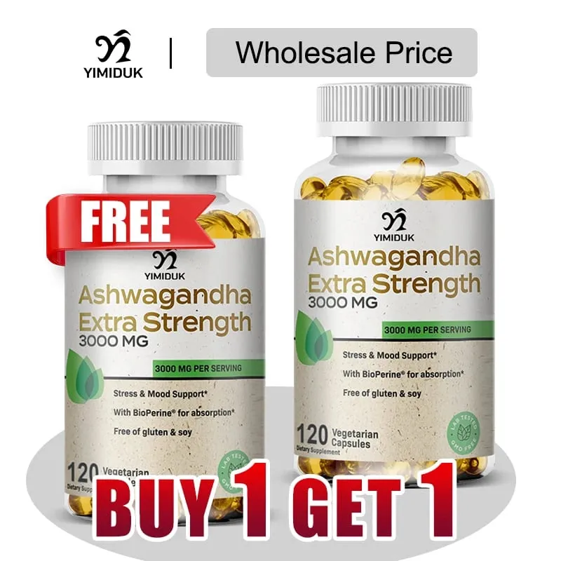 Buy 1 Get 1 Free! Pure Ashwagandha Extra Strength 3000mg Supplement for Stress Relief & Sleep Deep Relaxation & Mental Clarity