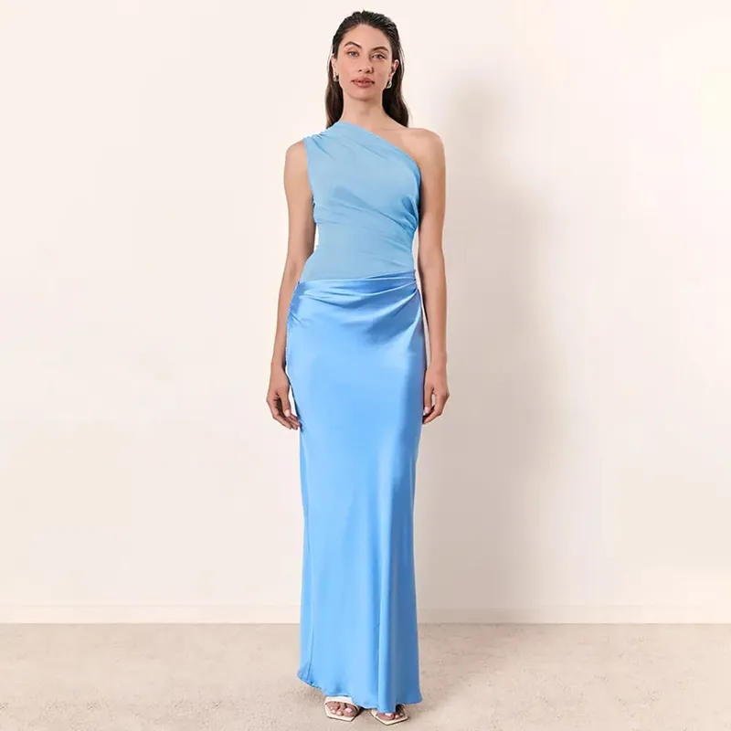 Patchwork Satin Sexy Kleid Frauen Eine Schulter Braun Ärmelloses Abend Maxi Kleid 2025 Neue Sommer Elegante Party Clubwear Kleider