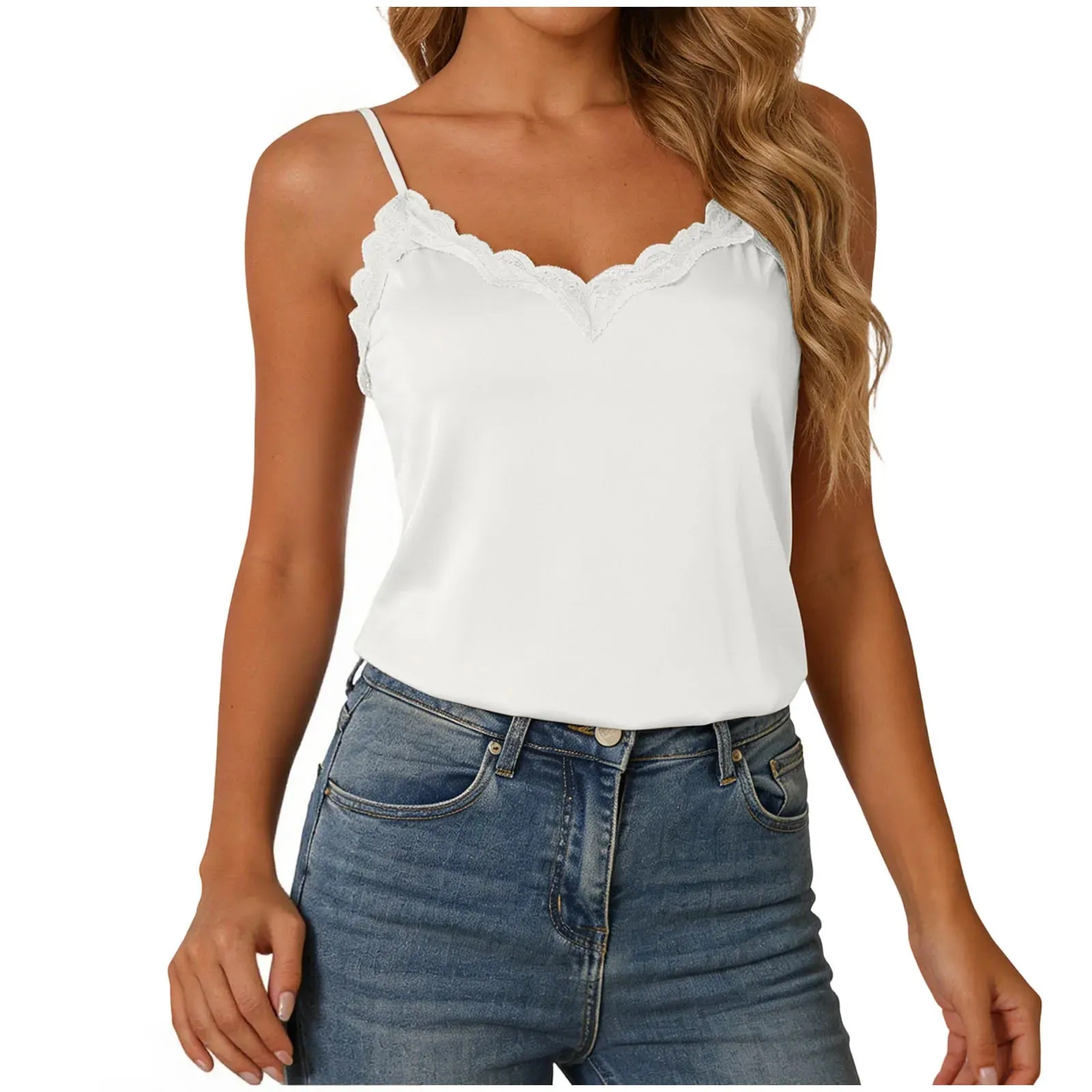 Summer Women Satin Tank Tops Lace Trim Patchwork Silky Comfortable Sleeveless Camis Elegant V-Neck Backless Solid Sexy Tops