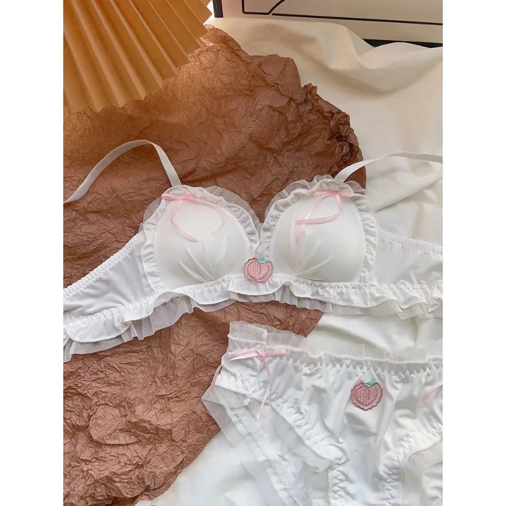 Japanese Kawaii Sweet Lingerie Set French Sheer Mesh Thin Wireless Triangle Cup Bra Panties Set Soft No Underwire 32‑38 Bra Set