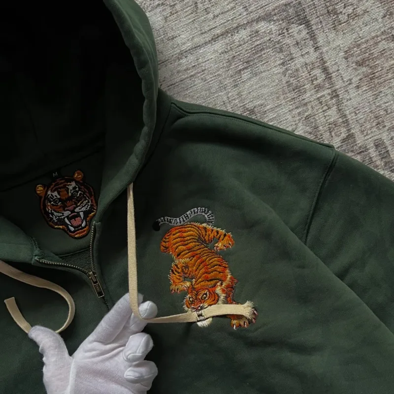 Y2K Grey Wolf Embroidered Hoodie Fashion Hip Hop Unisex Double Zipper Sweatshirts Oversized Vintage Harajuku Dark Street Jacket
