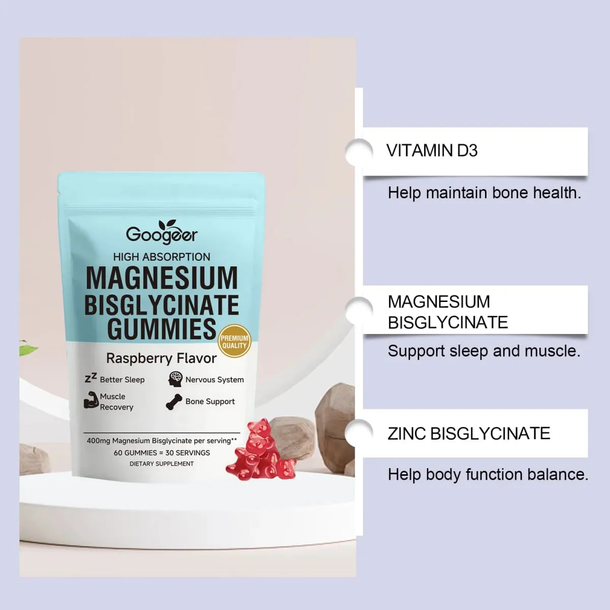 Magnesium Bisglycinate Gummies 400mg 60 Count Adult Daily Wellness Supplement for Bone Muscle Sleep Support