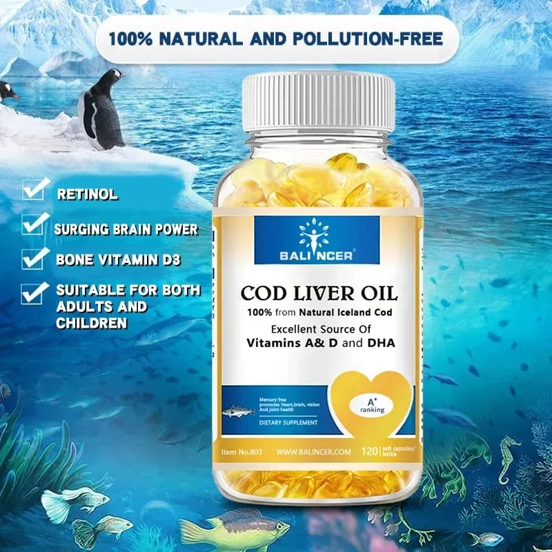 Přírodní tobolky s olejem z tresčích jater - bohaté na omega-3 EPA DHA vitamín A D - podporuje imunitní systém srdce, mozek, klouby a zdraví očí