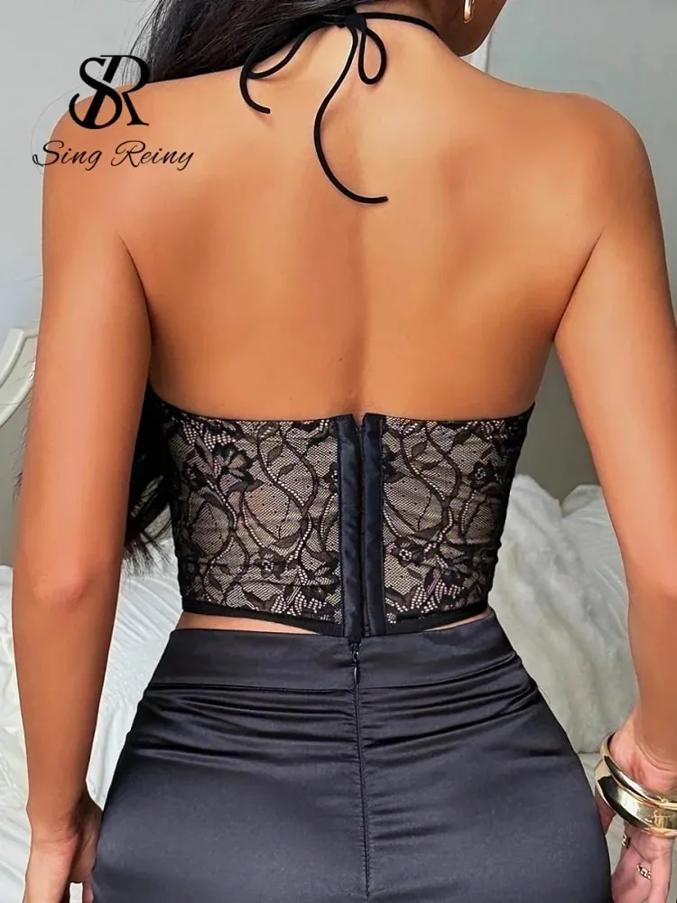 Halter Lace Sexy Corset Top Women Sleeveless Irregular Mesh Camisole Fashion Backless Floral Lace Beachwear Tank Top