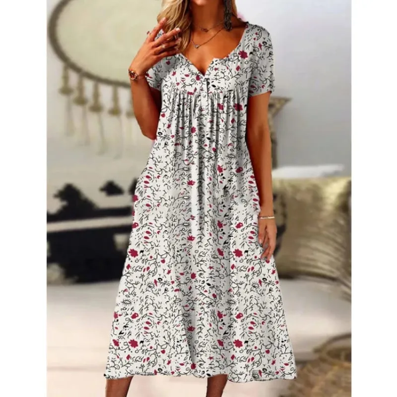 Women Dresses 2026 Spring autumn New floral printed V-neck button short-sleeved pocket long dresses women's clothing vestidoes