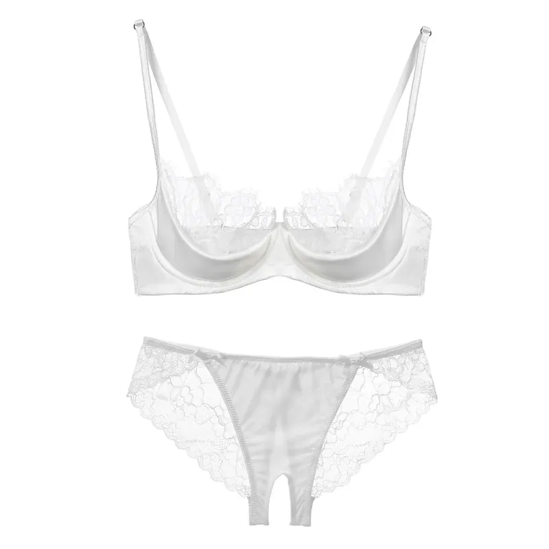Half Cup Lingerie Set Women Green French Lace Ultra Thin Sheer Soft Comfortable Underwire Bra Small Bust 32‑38AB Set