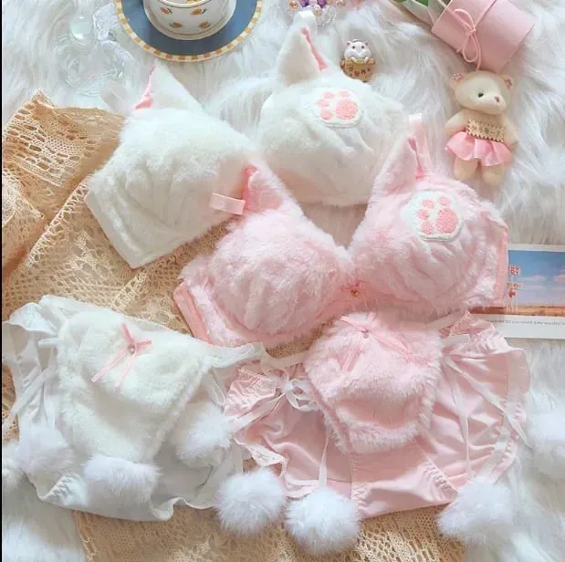 Cute Cat Paw Plush Lingerie Set for Women Warm Winter Bra & Panty with Ears Comfortable Kawaii Underwear