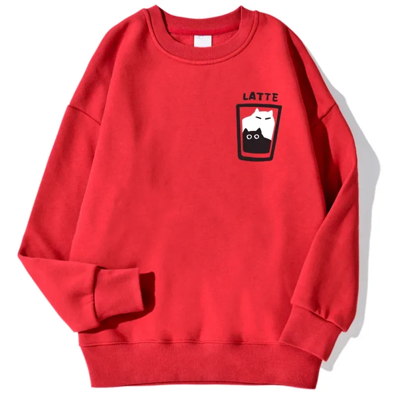 Cat Latte Cartoon Design Men Sweatshirt Fashion Casual Hooded Vintage Loose Hoodies Korean Fleece Clothing