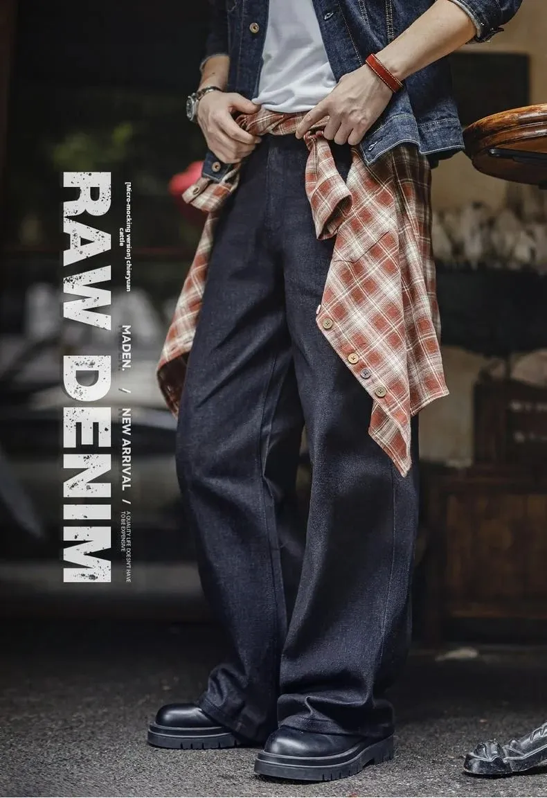 Calça jeans masculina vintage Maden de 15,6 onças ourela crua com perna larga com zíper YKK e ajuste reto para outono e inverno